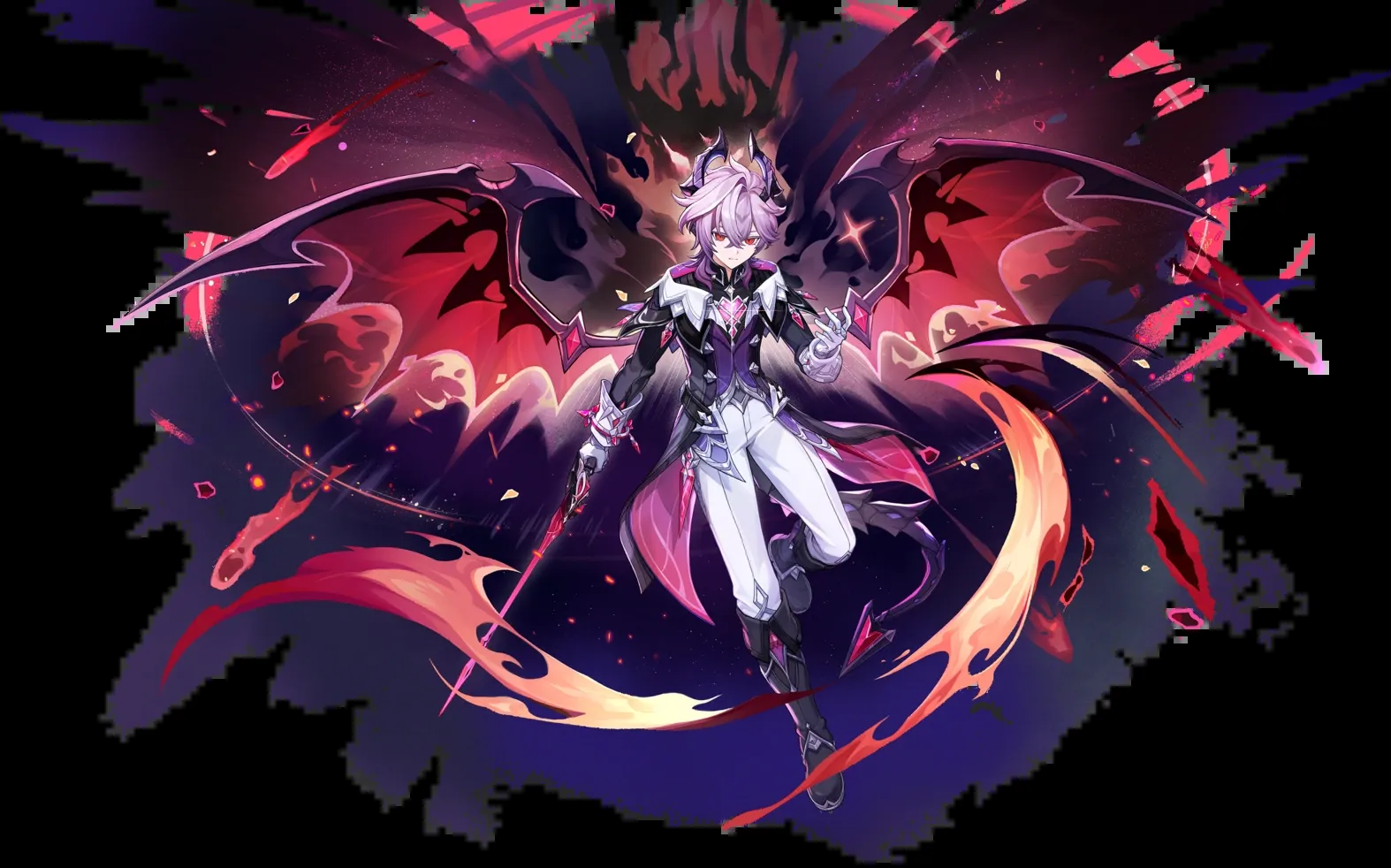 Official Genshin Impact splash art of Durin, the 5-star Pyro sword character, with dragon wings and fire